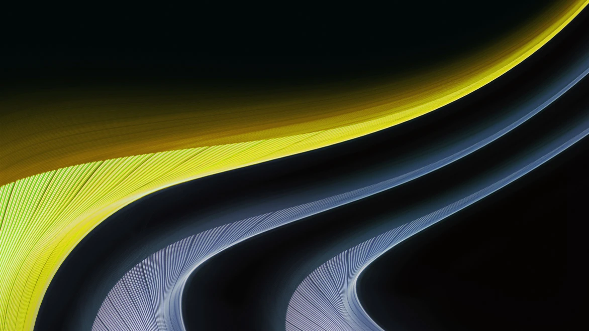 Abstract flowing yellow and blue lines on a black background.