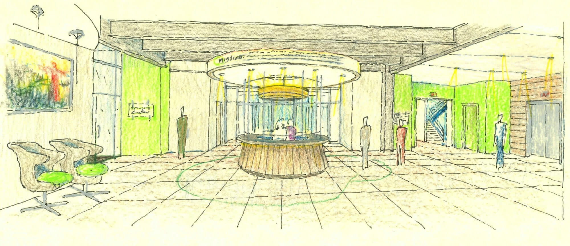 Lobby sketch of the Health Plan building in Wheeling, West Virginia