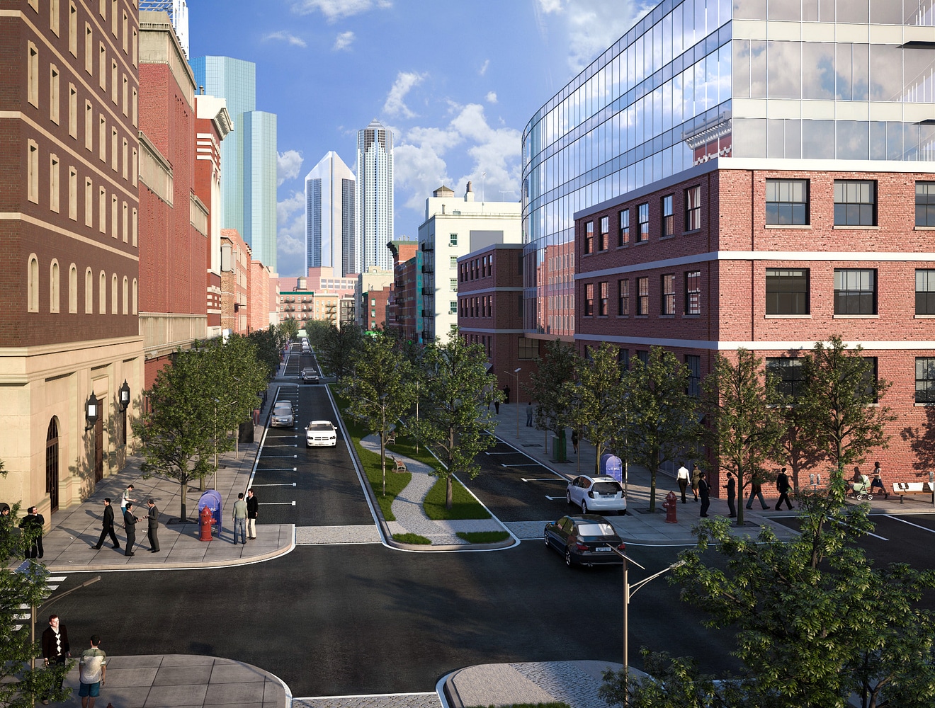 Rendering of street intersection in a city