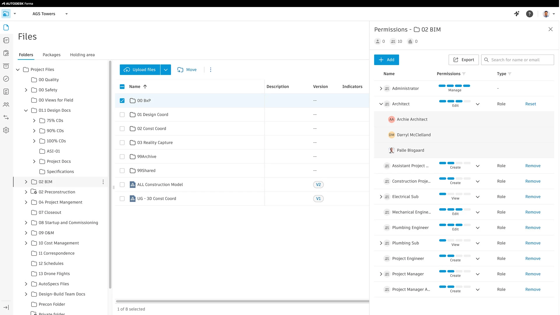 Files page with folder list and permissions panel open.