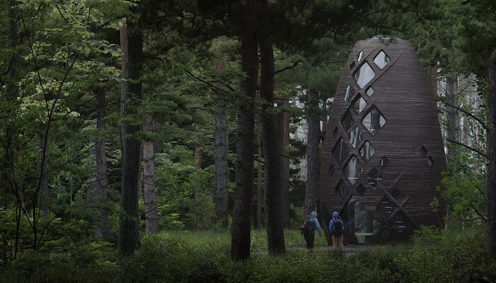 3D rendering of an AI SpaceFactory Tera pod in upstate New York robot-made Mars habitat