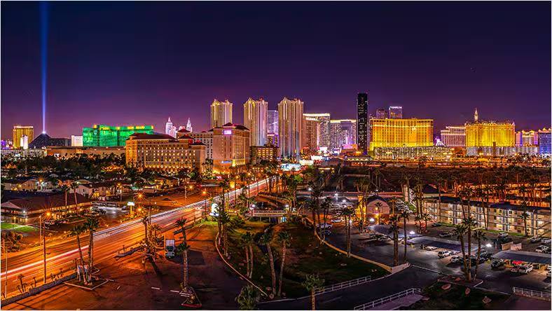 Las Vegas skyline lit up at night with palm trees and city lights.