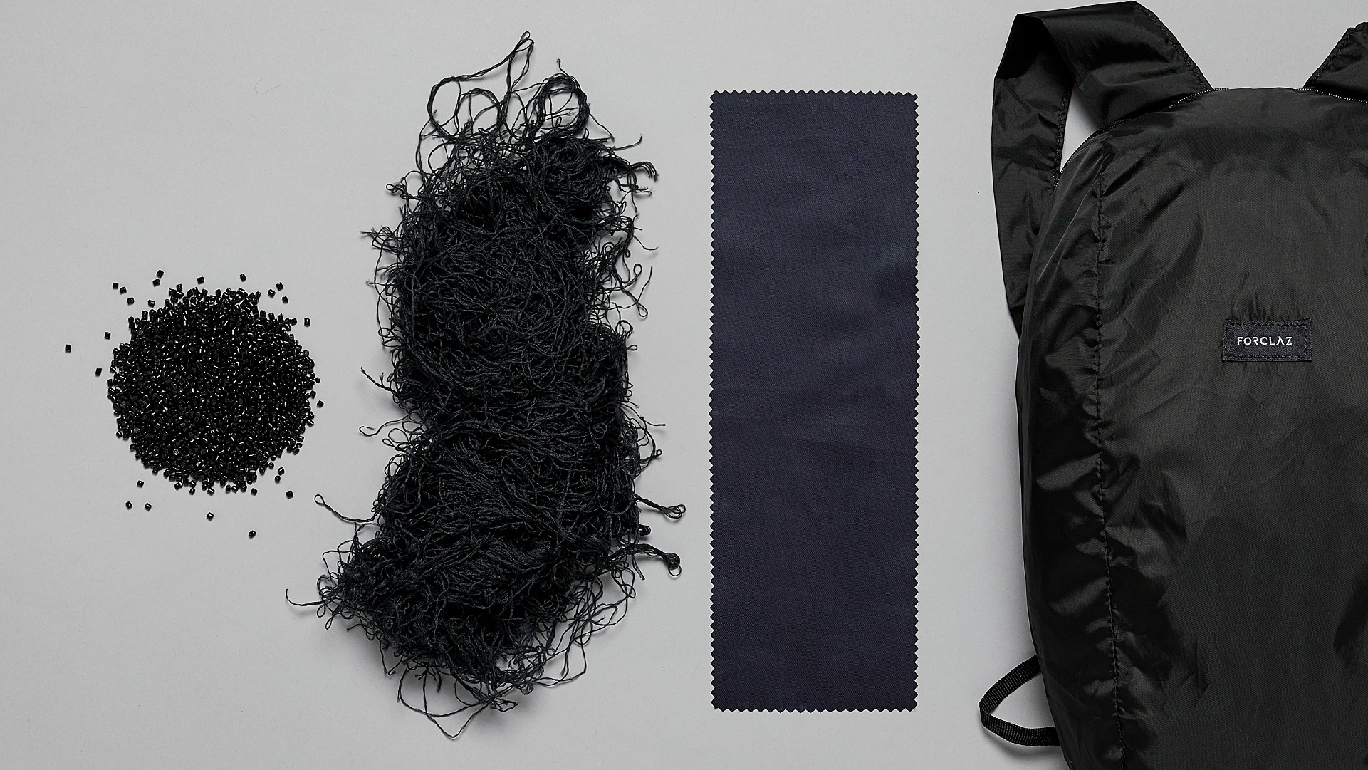Progression of sustainable materials from raw plastic to fabric sewn into a backpack.