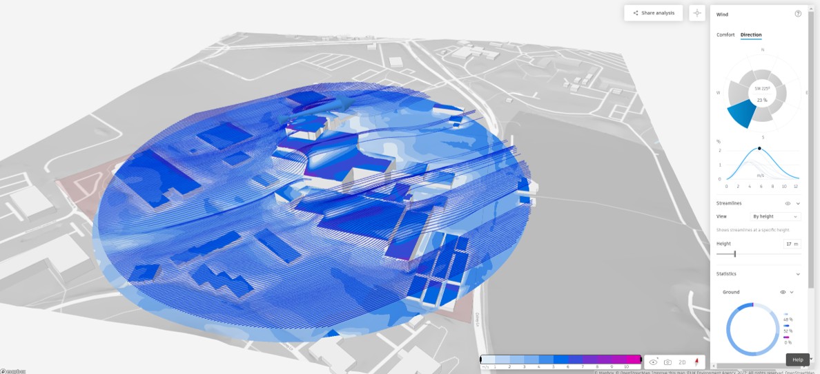 Autodesk Forma Site Design's wind analysis of the Next Generation Infrastructure programme at the John Innes Centre (JIC) and The Sainsbury Laboratory (TSL)