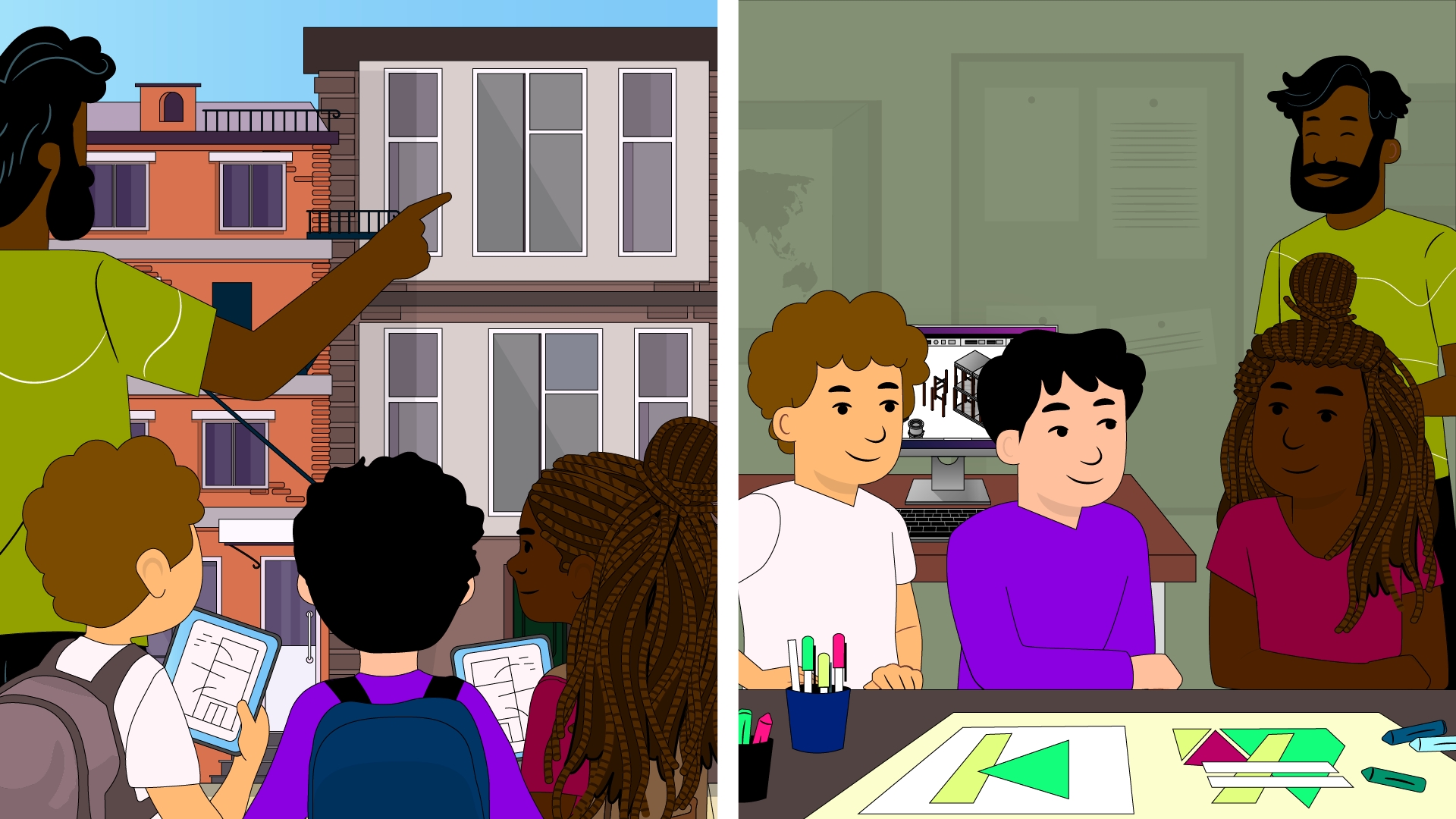 illustration of kids learning about architecture in grade school, going on a field trip and making models