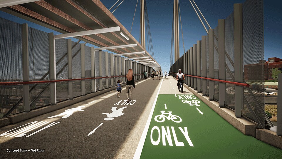 Render of what the pedestrian and cycle access would like on the bridge. Concept only.