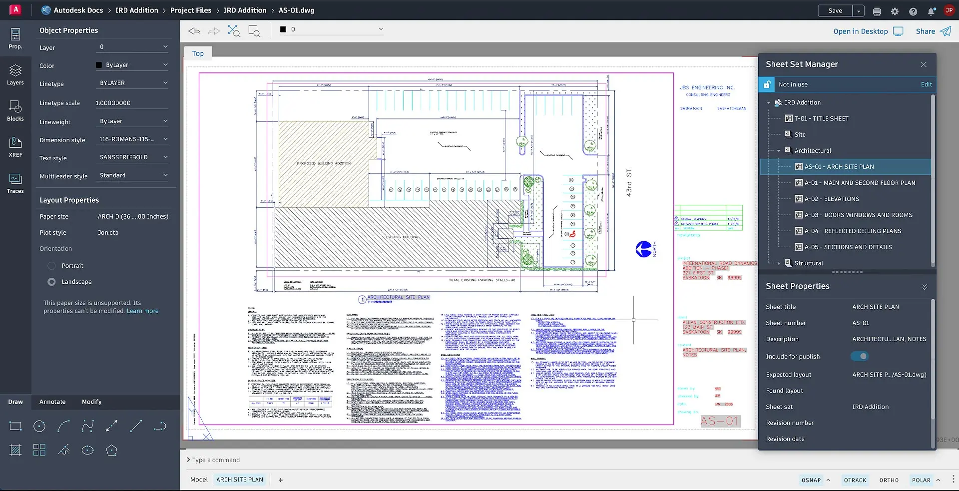 Screenshot of AutoCAD interface showing an architectural site plan layout with sheet set manager and properties panel open.