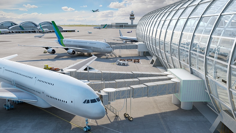 Rendering of infrastructure model with exterior view of modern airport terminal