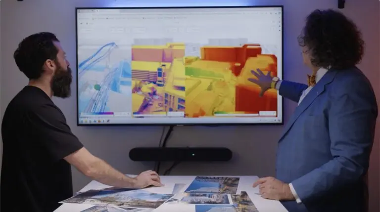 Two men analyzing a 3D heat map of buildings on a large screen, with printed photos spread on the table.