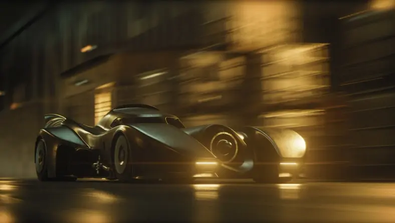 Futuristic black car blazing through the cit at night