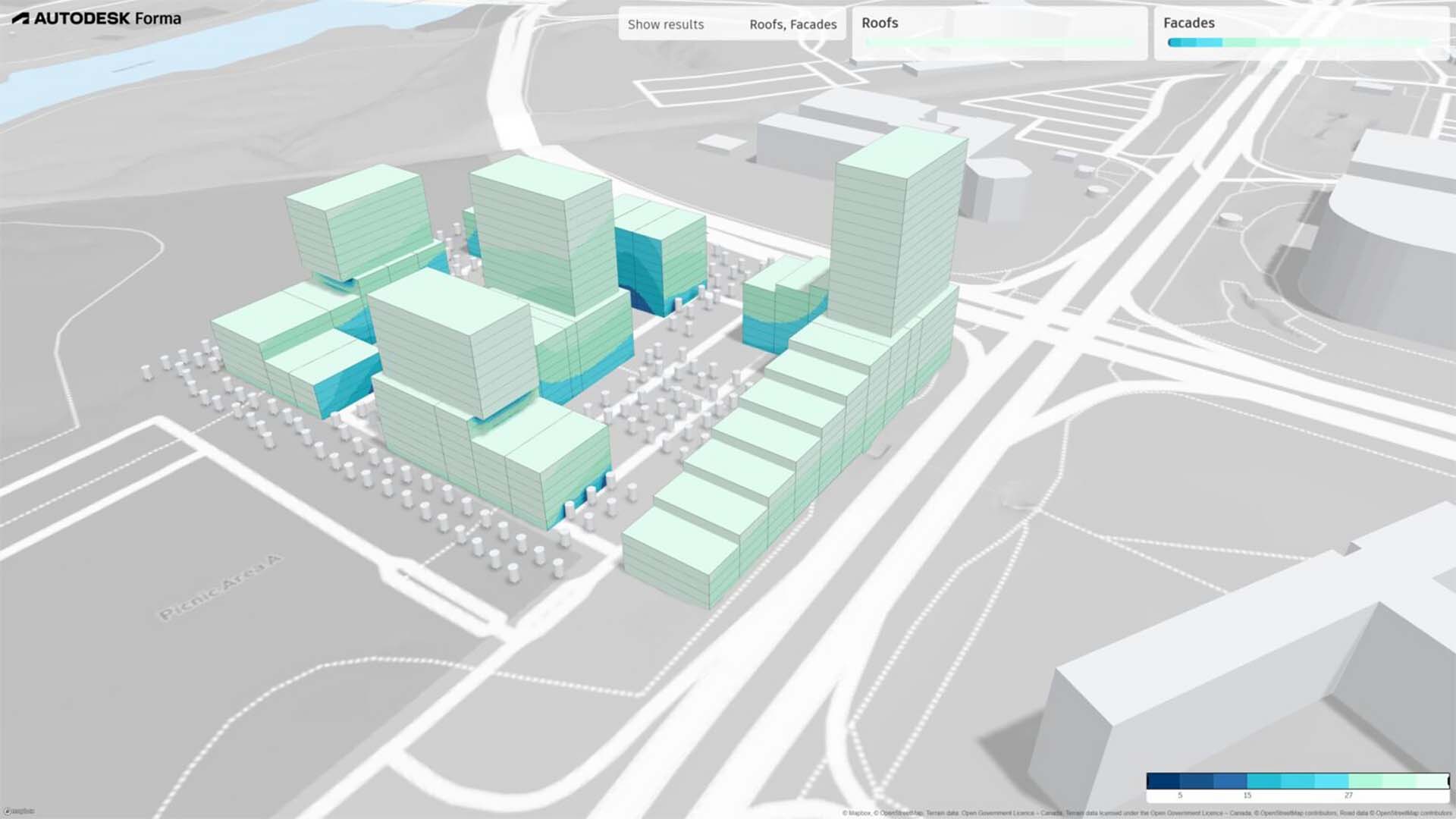 3D city model showing building heights, facades, and roofs analysis in Autodesk Forma with surrounding roads and landscape.