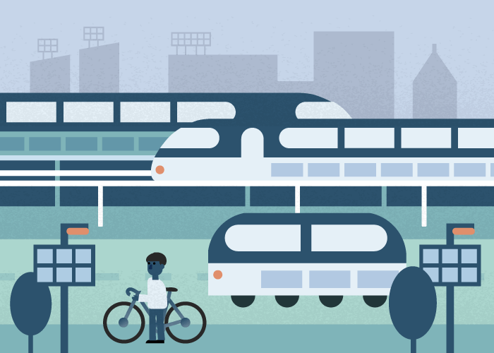 Illustration of modern transit system with train, light rail, bus, and bicyclist