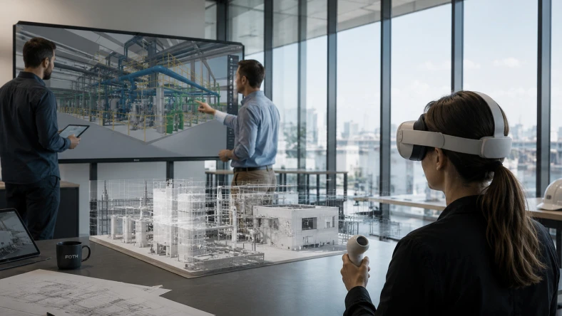 Two people discuss a large industrial blueprint on a screen while examining a 3D model of a building in a modern office with a VR user observing via headset.