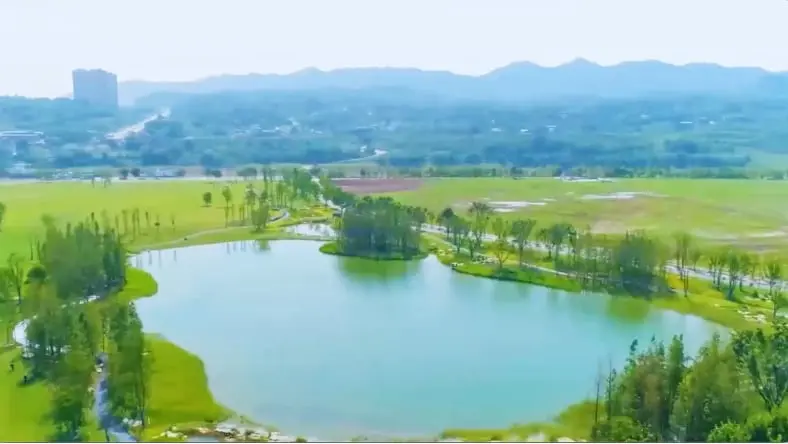 View of a restored pond and a distant hillside in the background with buildings integrated into the landscape
