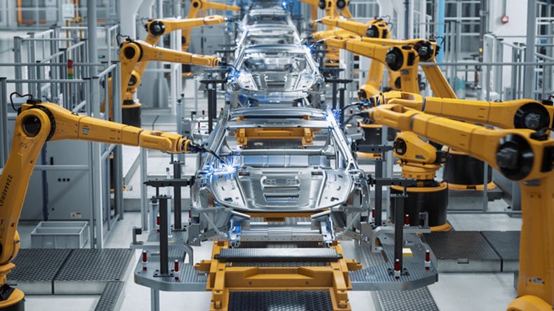 Car Factory 3D Concept: Automated Robot Arm Assembly Line Manufacturing