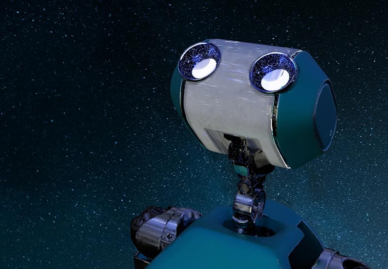 A blue robot gazing up at a starry sky.