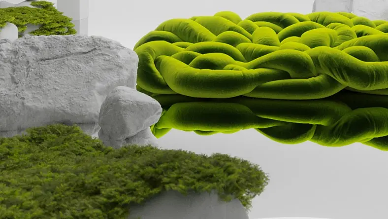A computer rendering of a digital green landscape.