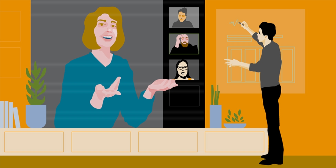 Illustration of business leaders in a hybrid meeting