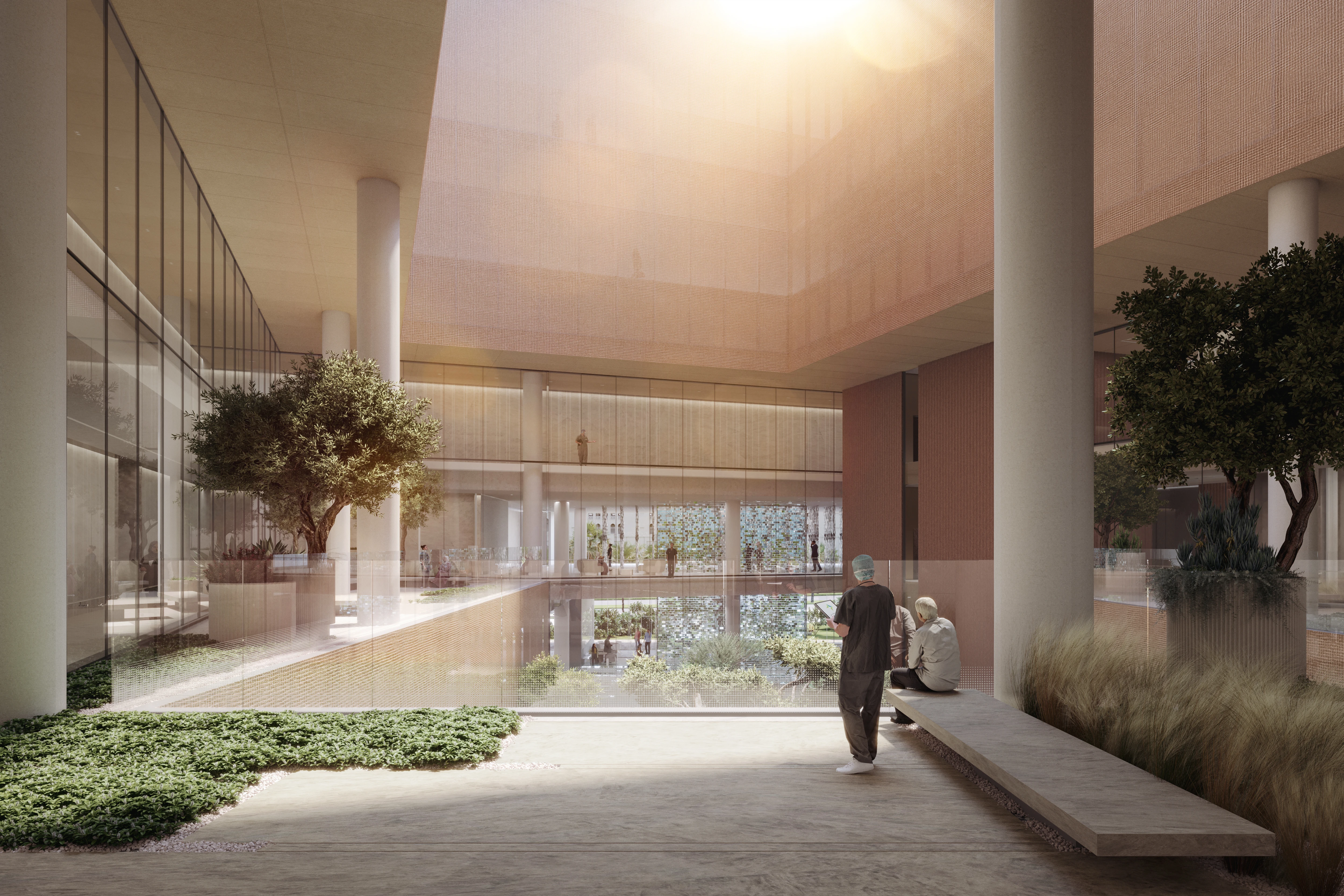 Light-filled atrium with trees