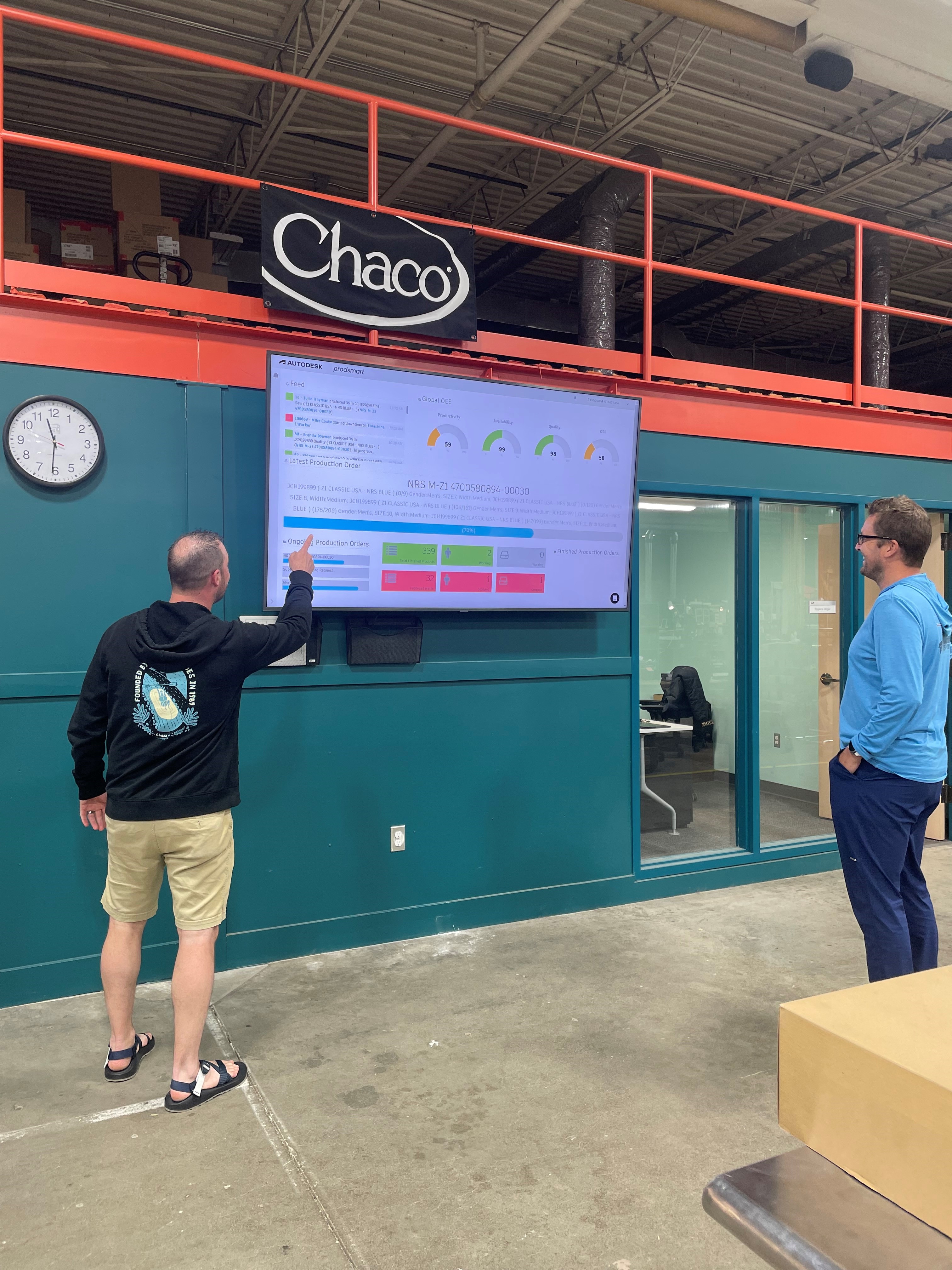 Photo of ReChaco employees reviewing the Autodesk Fusion Operations reporting dashboard.