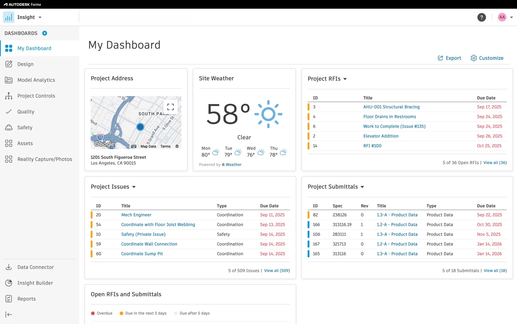 Dashboard view showing project address map, weather, RFIs, issues, and submittals with due dates.
