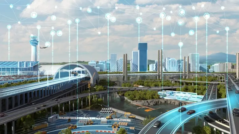 Cityscape rendering showing digital transformation and connected data