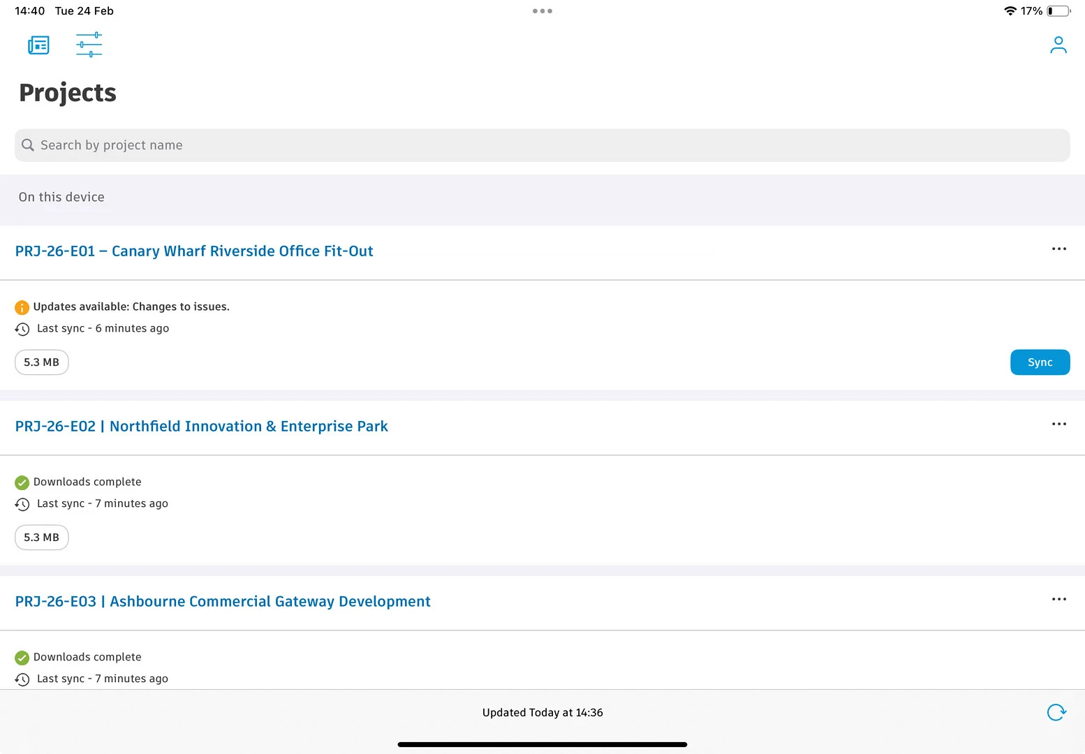 Mobile Projects screen listing project files with sync status and update notifications.