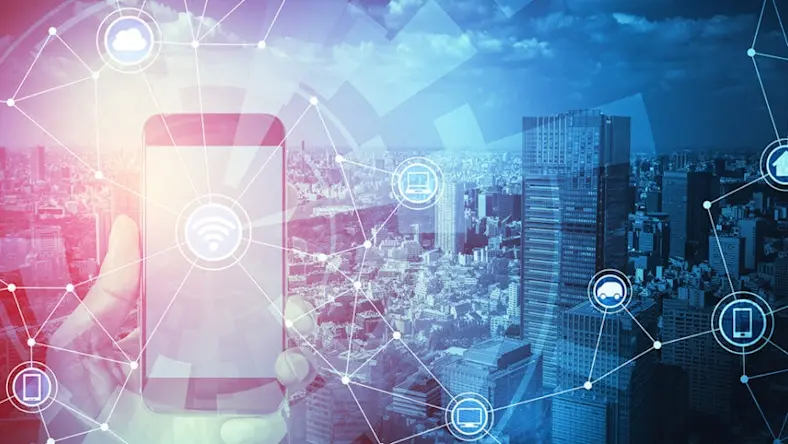 An illustration of a networked smart city and smart buildings