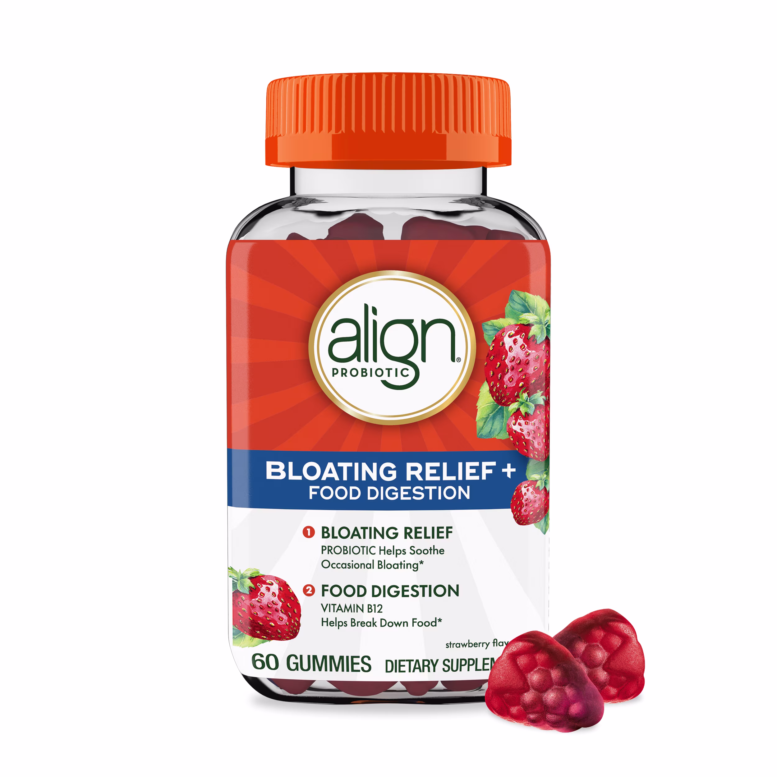 A bottle of Align Probiotics Bloating Relief + Food Digestion Gummies.