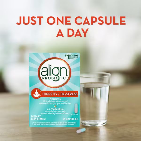 Align Probiotic Digestive Destress package, a pill and glass of water.