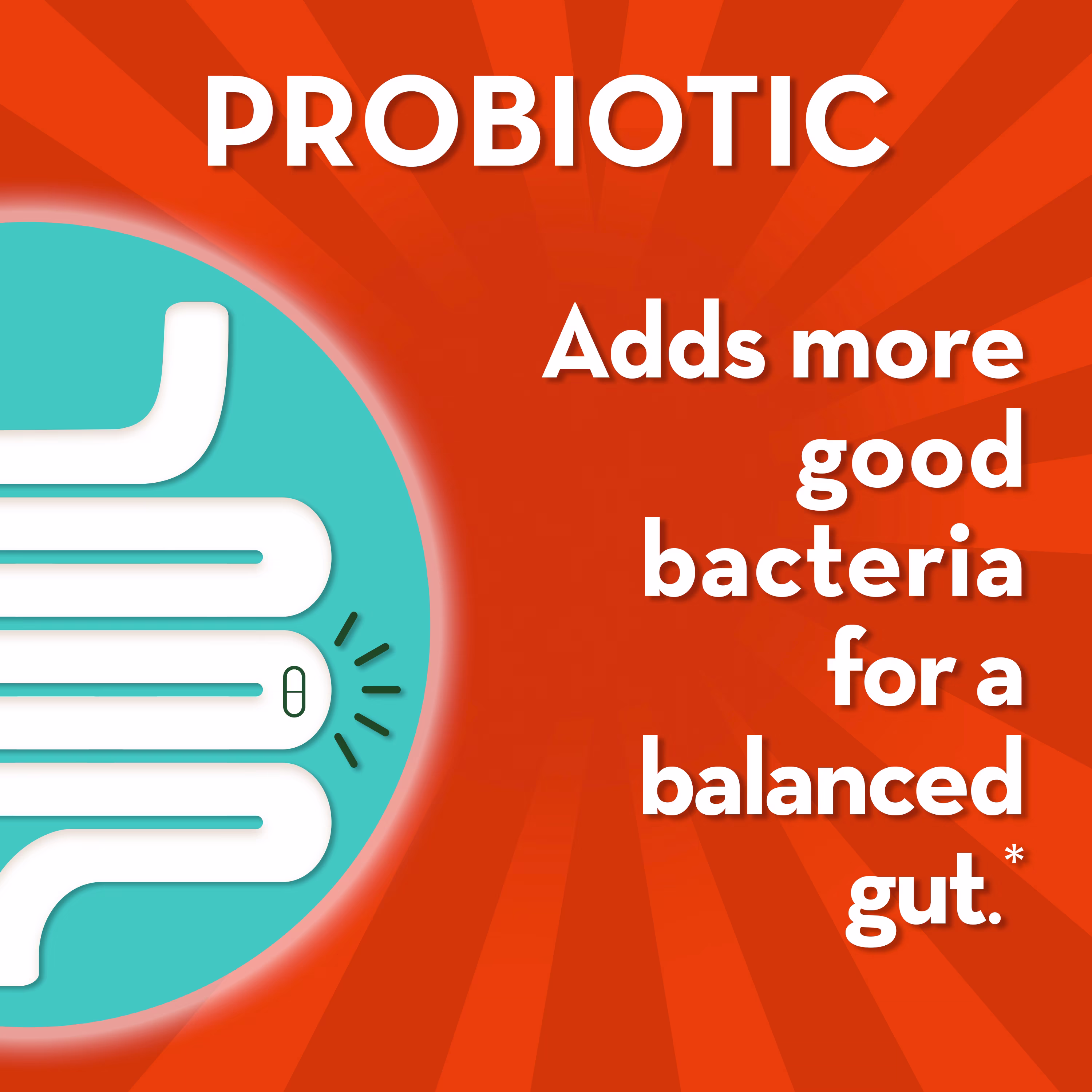 "Probiotics add more good bacteria for a balanced gut." text overlaying orange background
