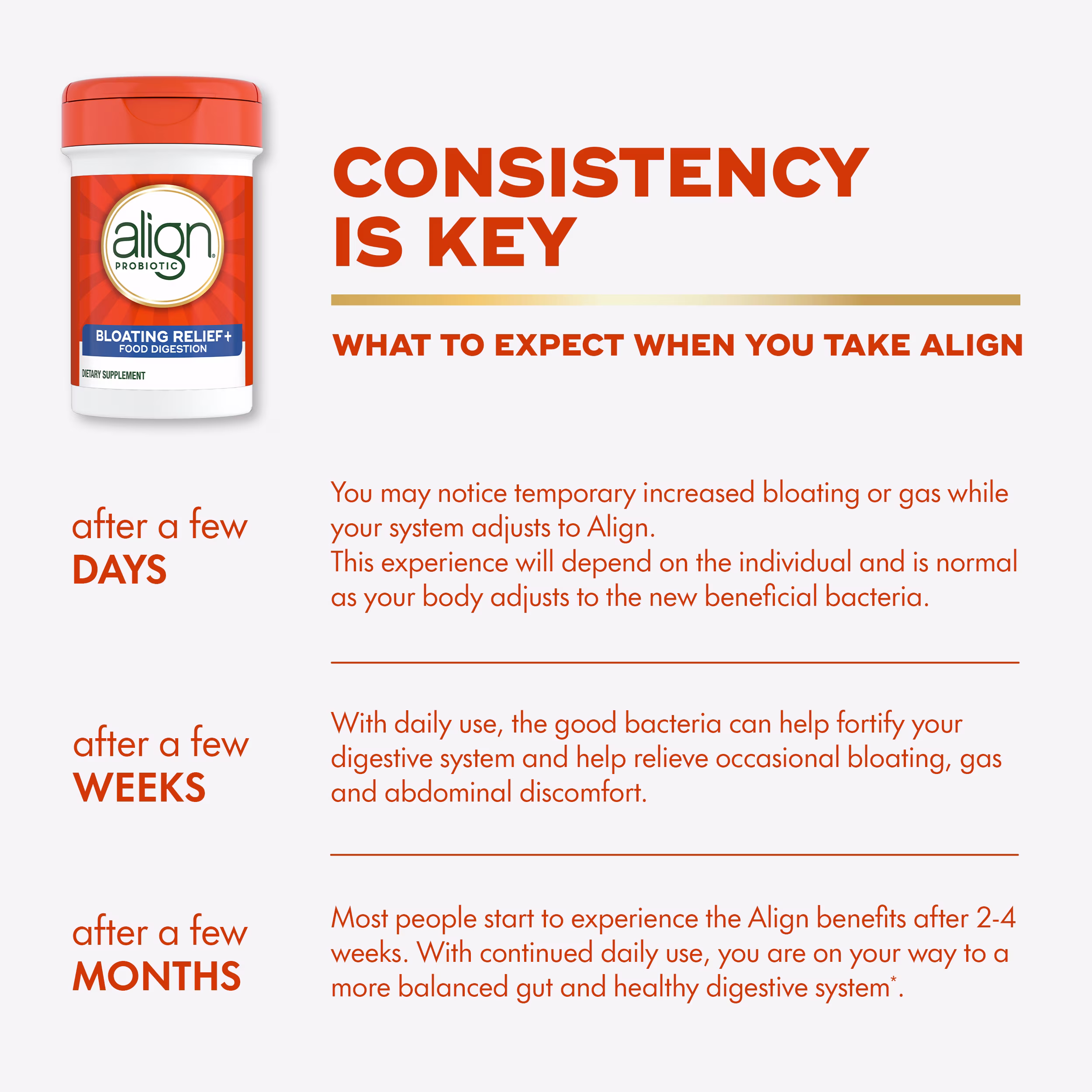 Align Probiotic supplement bottle with timeline showing expected digestive benefits over days, weeks, and months of use.