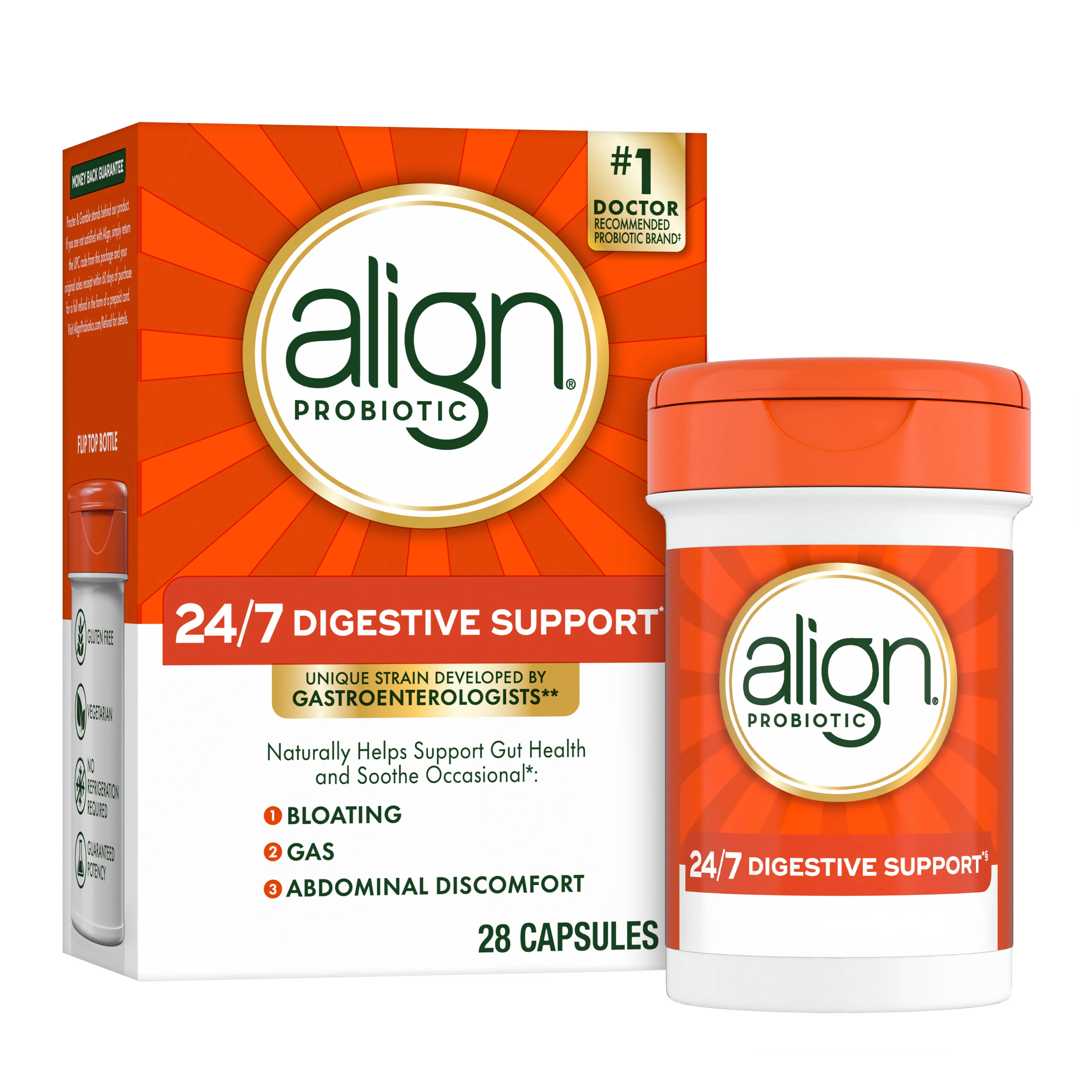 Align Probiotic supplement box and bottle with orange packaging, offering 24/7 digestive support for gut health issues.
