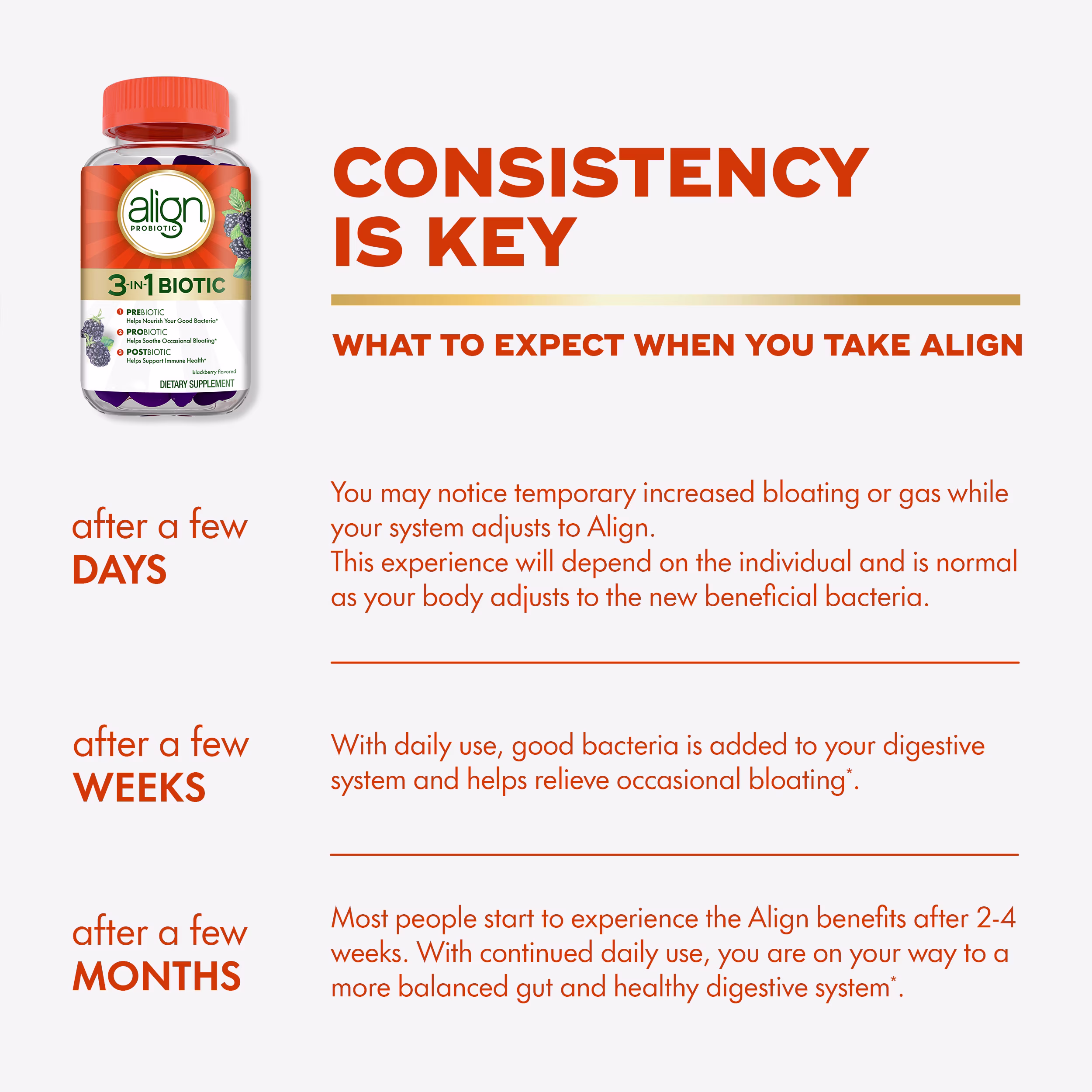 A bottle of Align 3-In-1 Biotic Gummies. Text emphasizes consistency and anticipated effects over days, weeks, and months of using Align Probiotics.
