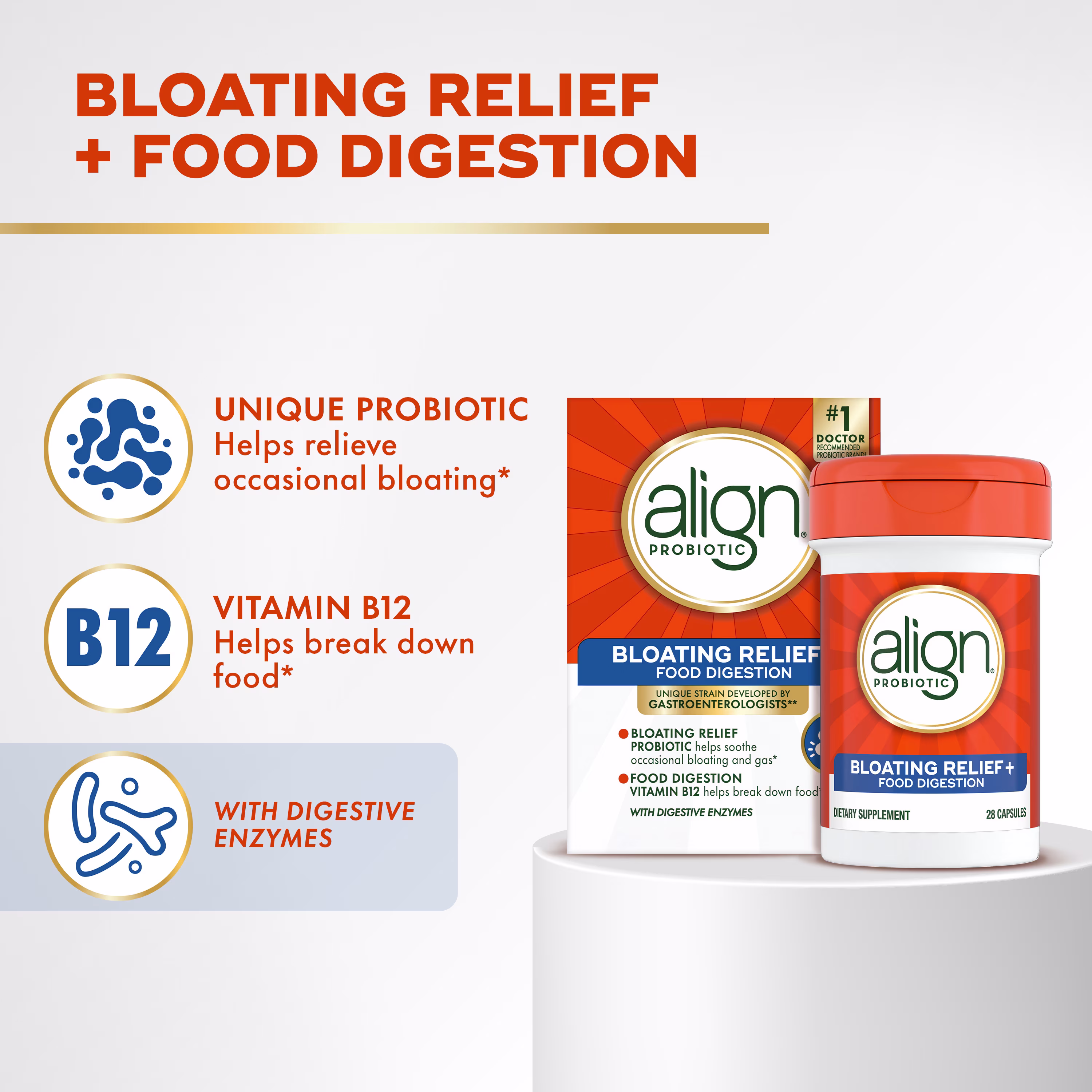 Align Probiotic Bloating Relief + Food Digestion package, a bottle and text "Bloating Relief + Food Digestion". 3 icons with text: "Unique Probiotic helps relieve occasional bloating", "Vitamin B12 helps break down food" and "With Digestive Enzymes".