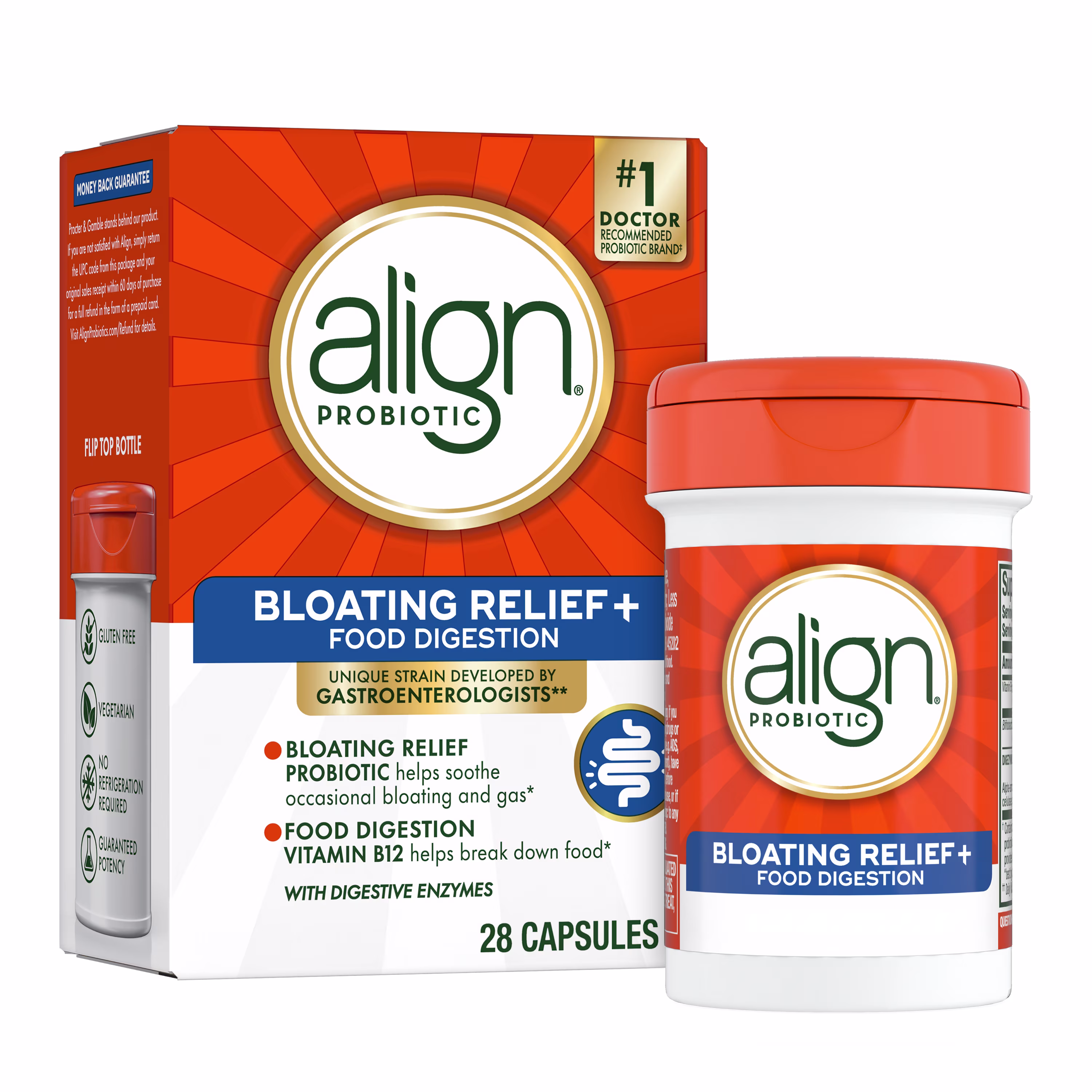 Align Probiotic bloating relief & food digestion capsules package.