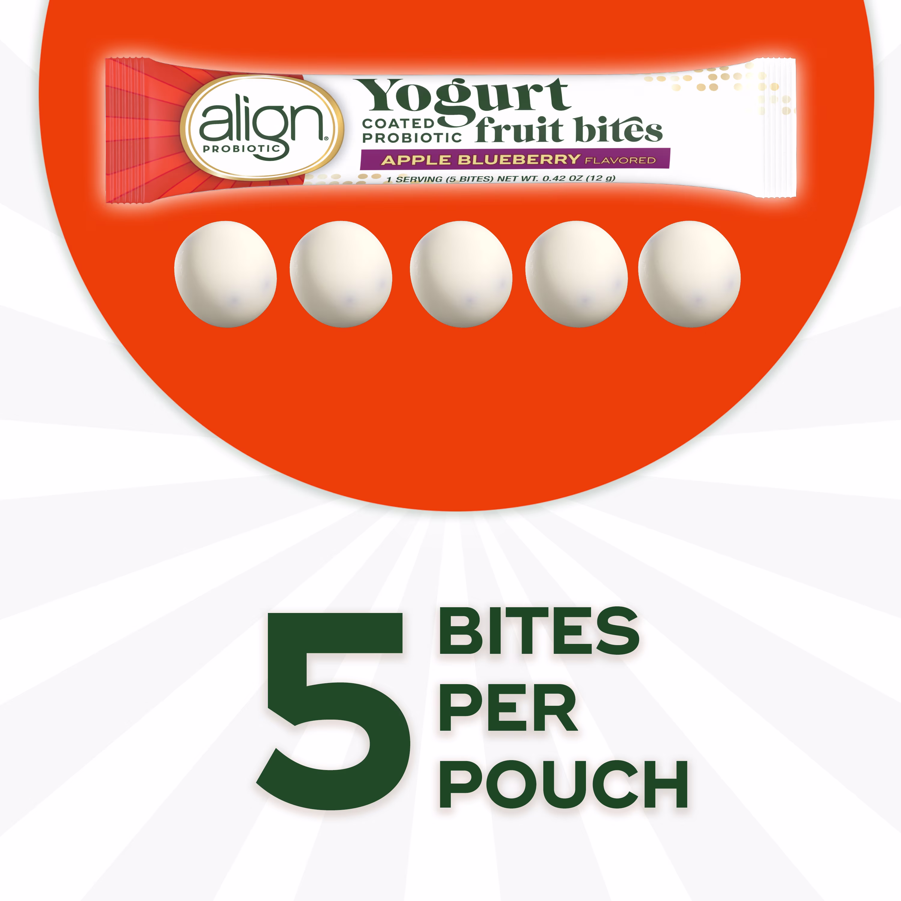 Align yogurt coated probiotic fruit bites pouch and "5 bites per pouch" texts.