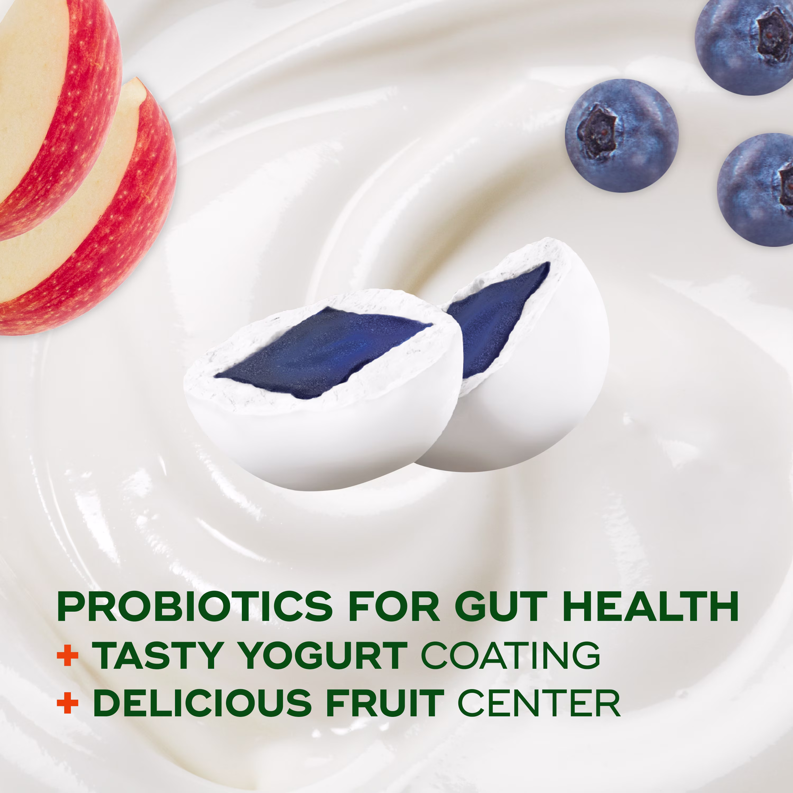 "PROBIOTICS FOR GUT HEALTH: TASTY YOGURT COATING, DELICIOUS FRUIT CENTER" text with blueberries and slice of apple with yogurt at the background.