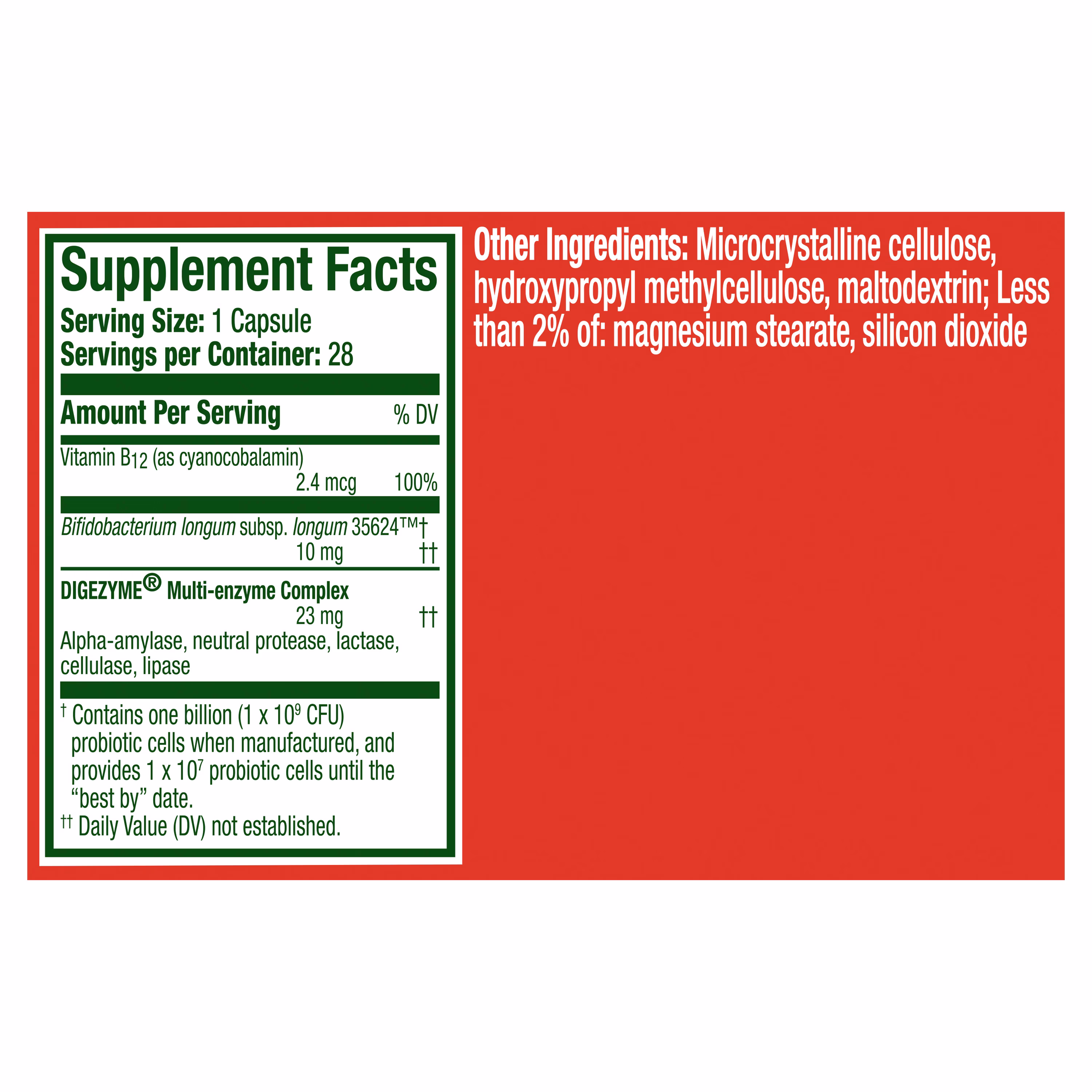 Supplement Facts label showing vitamin B12, probiotics, and digestive enzymes with 28 servings per container on orange background.