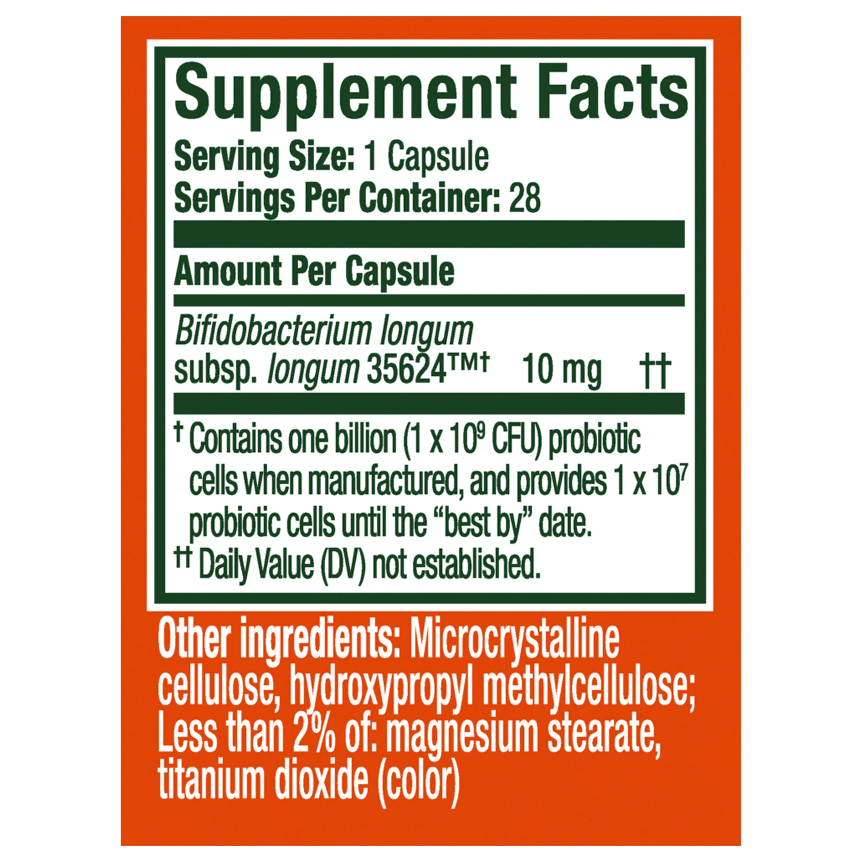 Supplement Facts label for probiotic capsules containing Bifidobacterium longum, showing 28 servings per container with orange background.