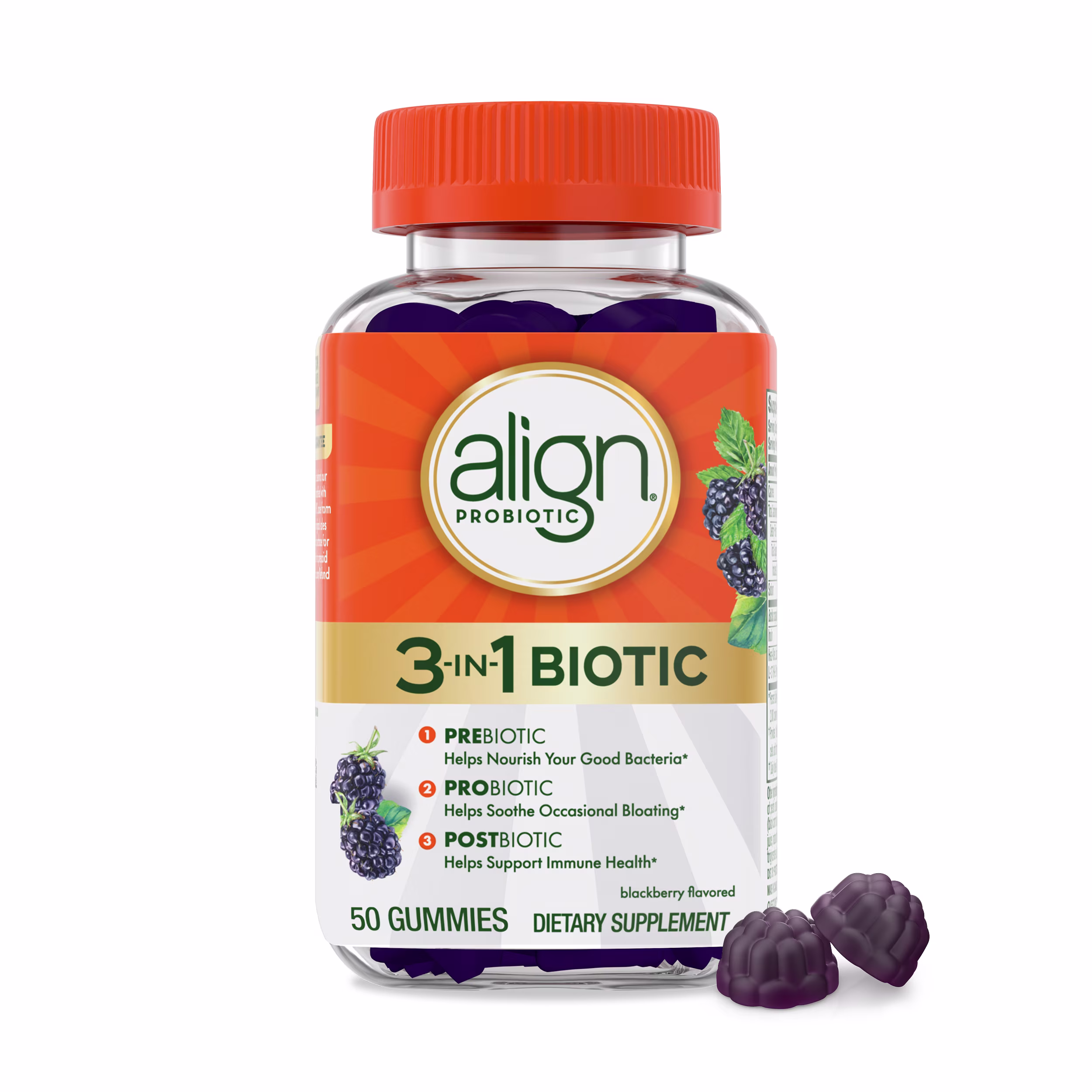 A bottle of 50 count Align 3-In-1 Biotic Gummies.