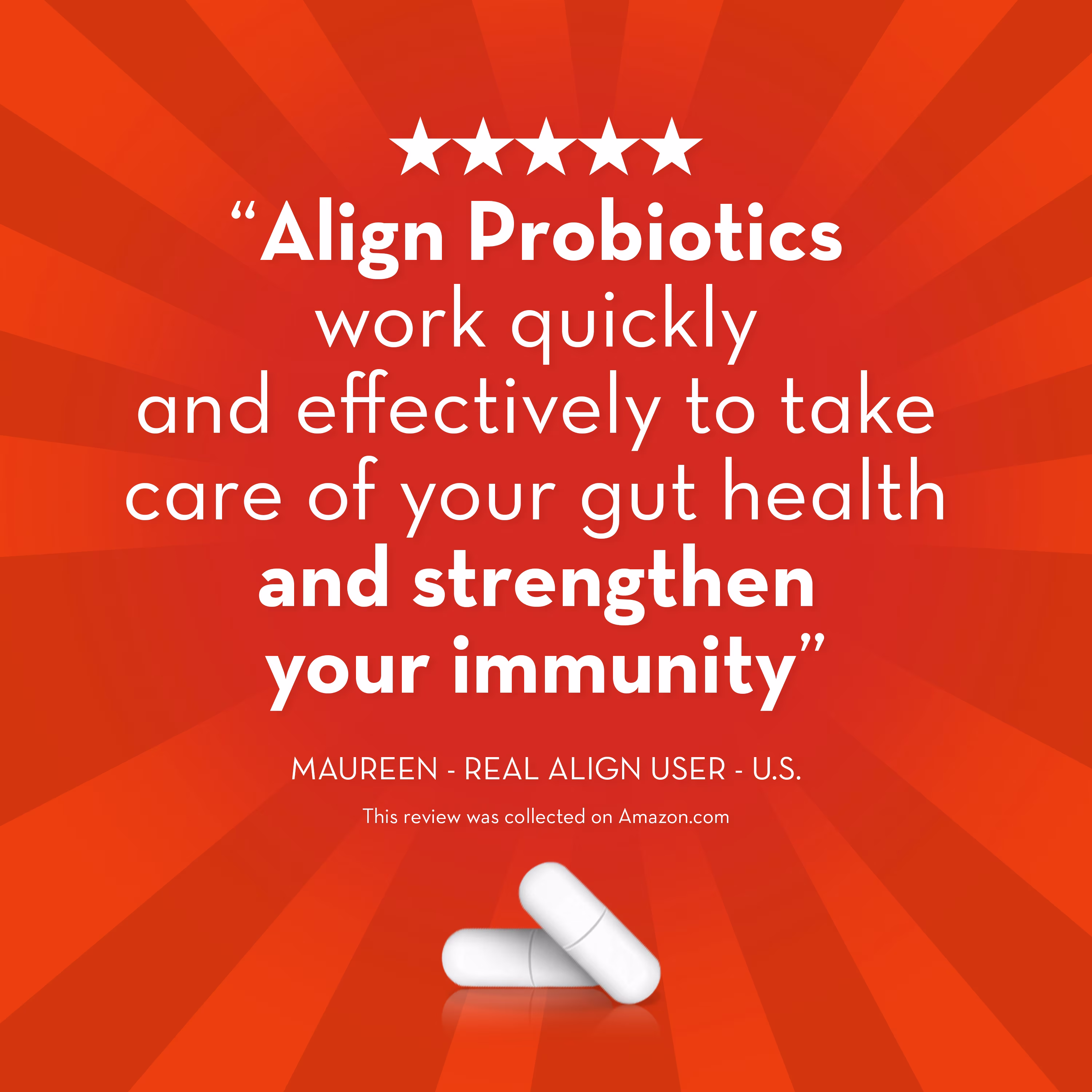 Rating & reviews that reads "Align Probiotics work quickly and effectively to take care of your gut health and strengthen your immunity".