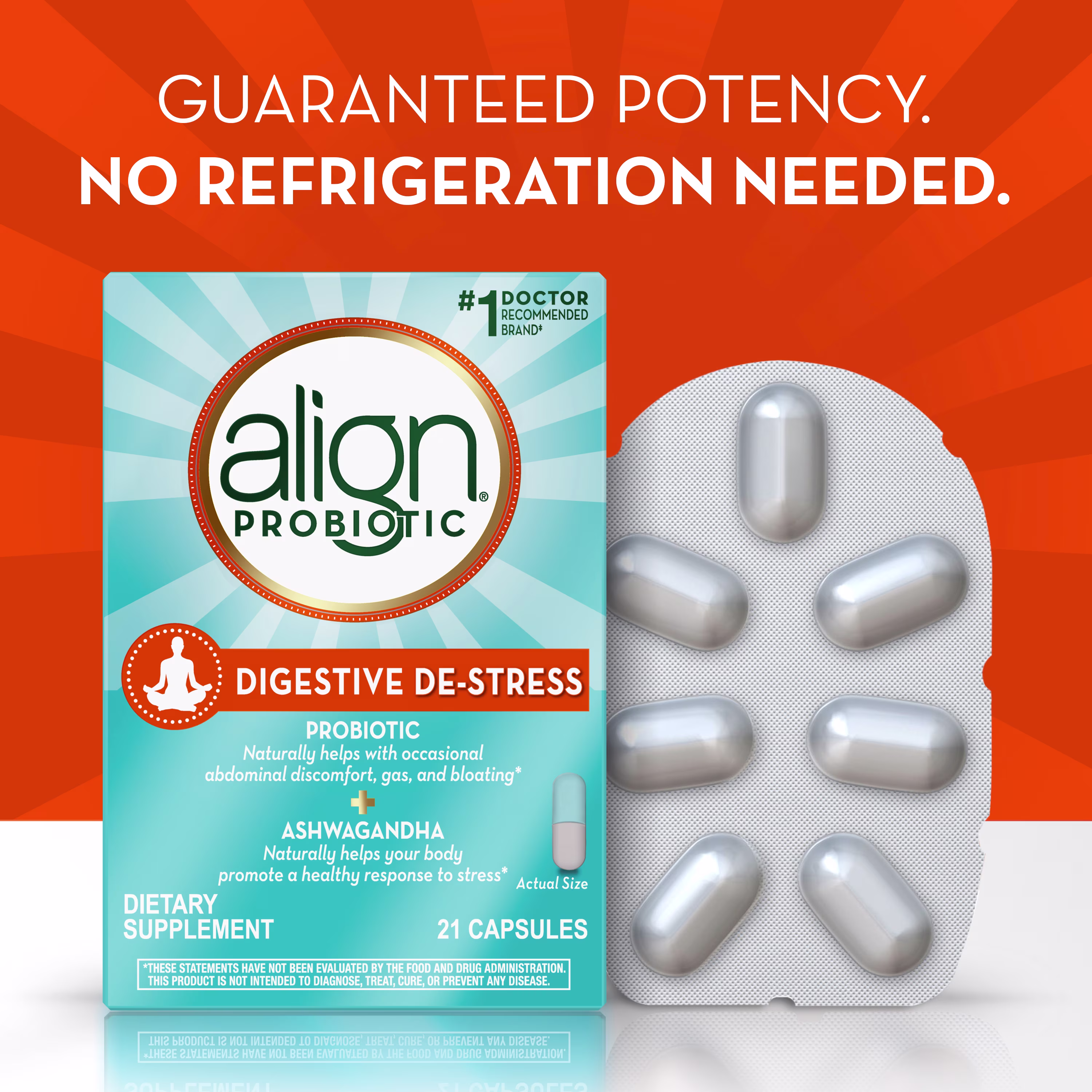 Align Probiotic Digestive Destress package with text "Guaranteed potency. No refrigration needed".