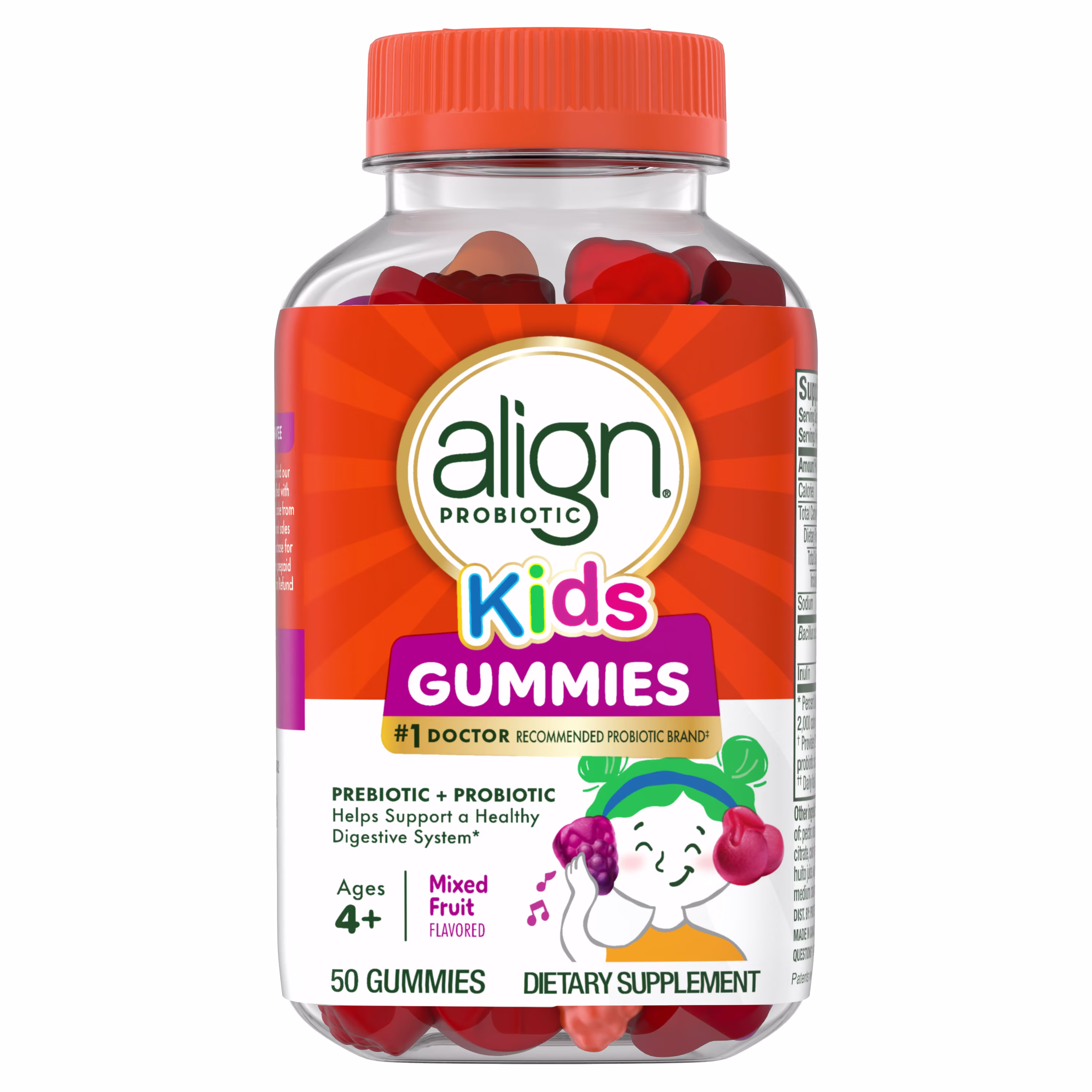 A bottle of 50 count Align Prebiotic + Probiotics Kids Gummies for a healthy digestive system.