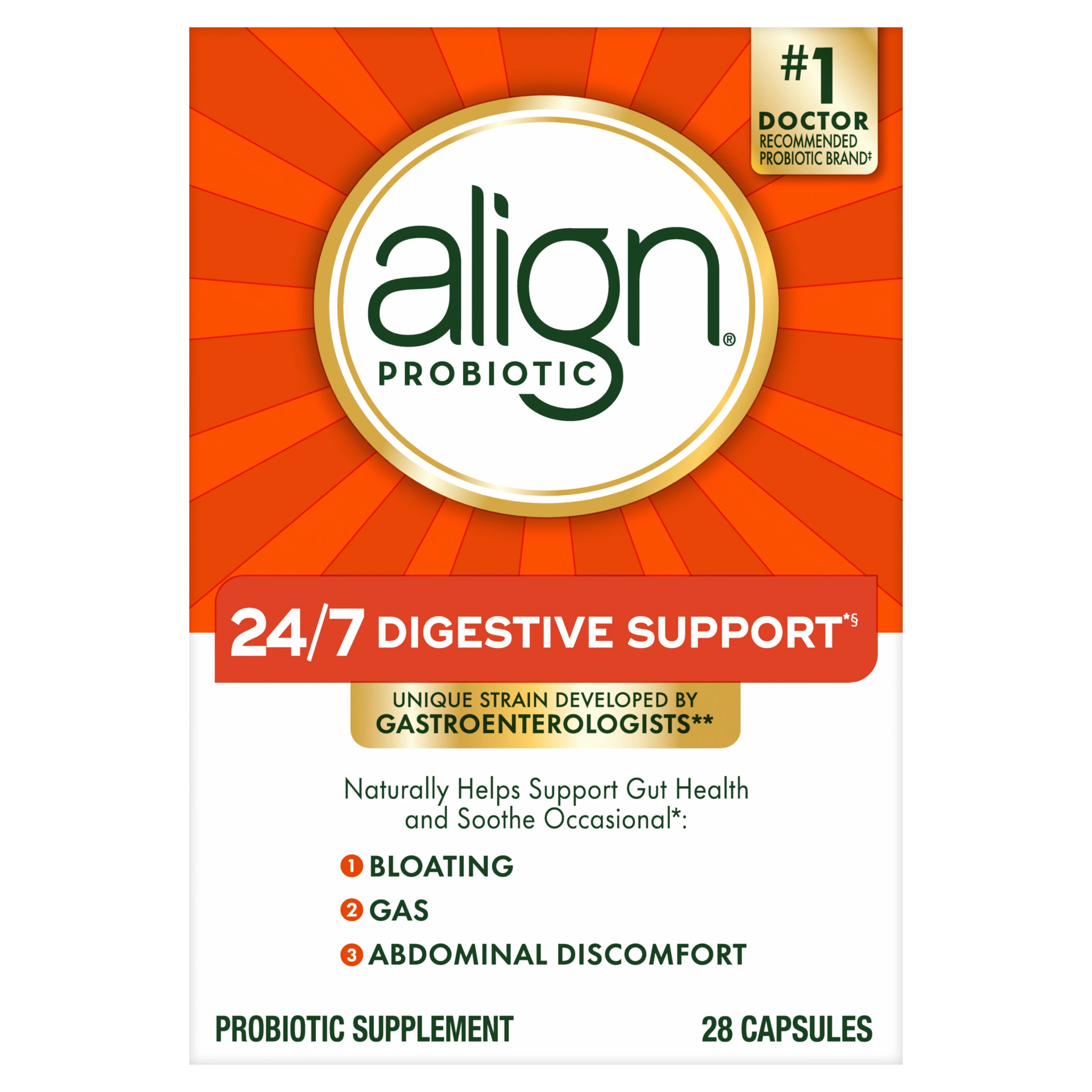 Align Probiotic supplement package with orange sunburst design, labeled #1 doctor recommended for digestive support, 28 capsules.