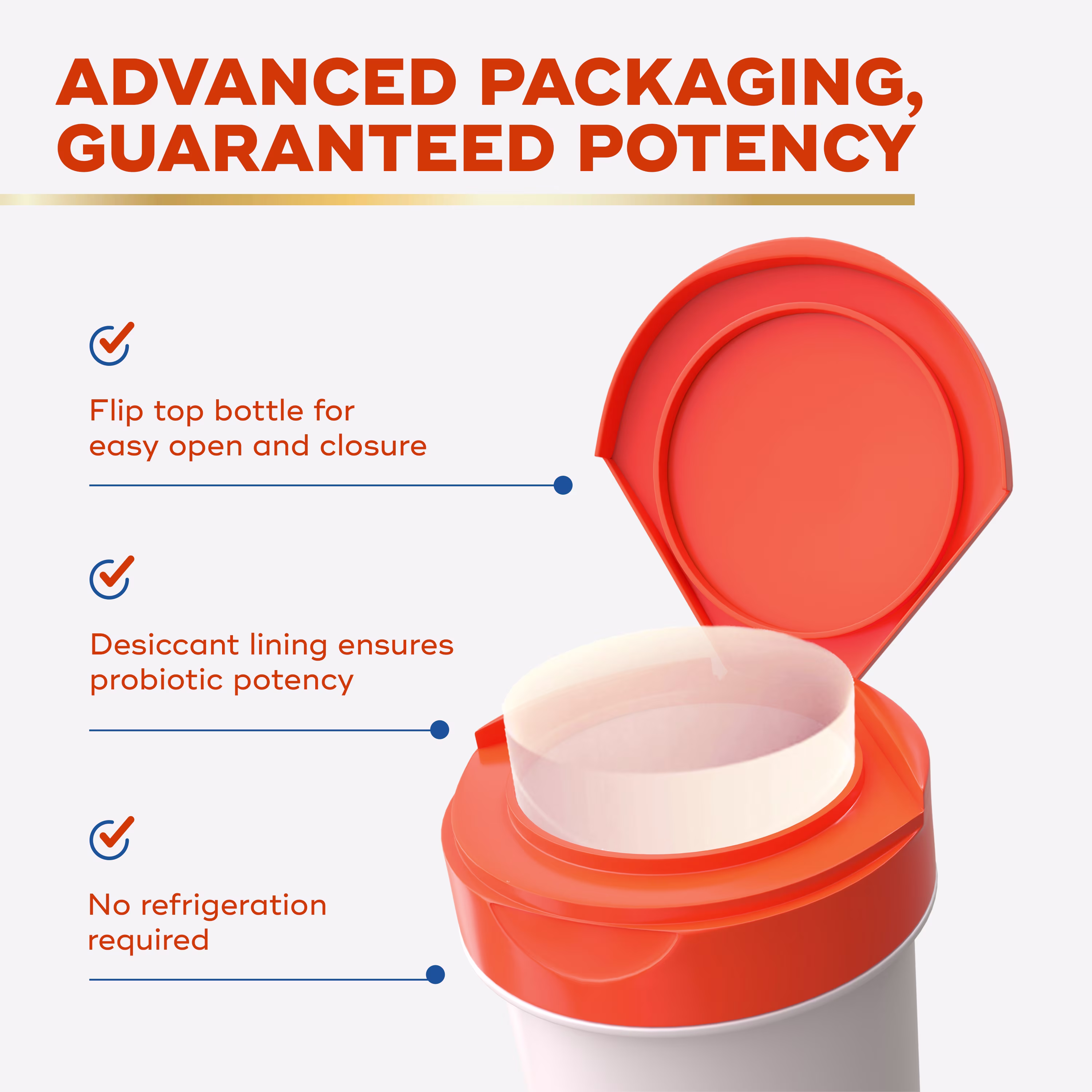 Orange flip-top probiotic container with desiccant lining highlighting advanced packaging features that guarantee potency without refrigeration.