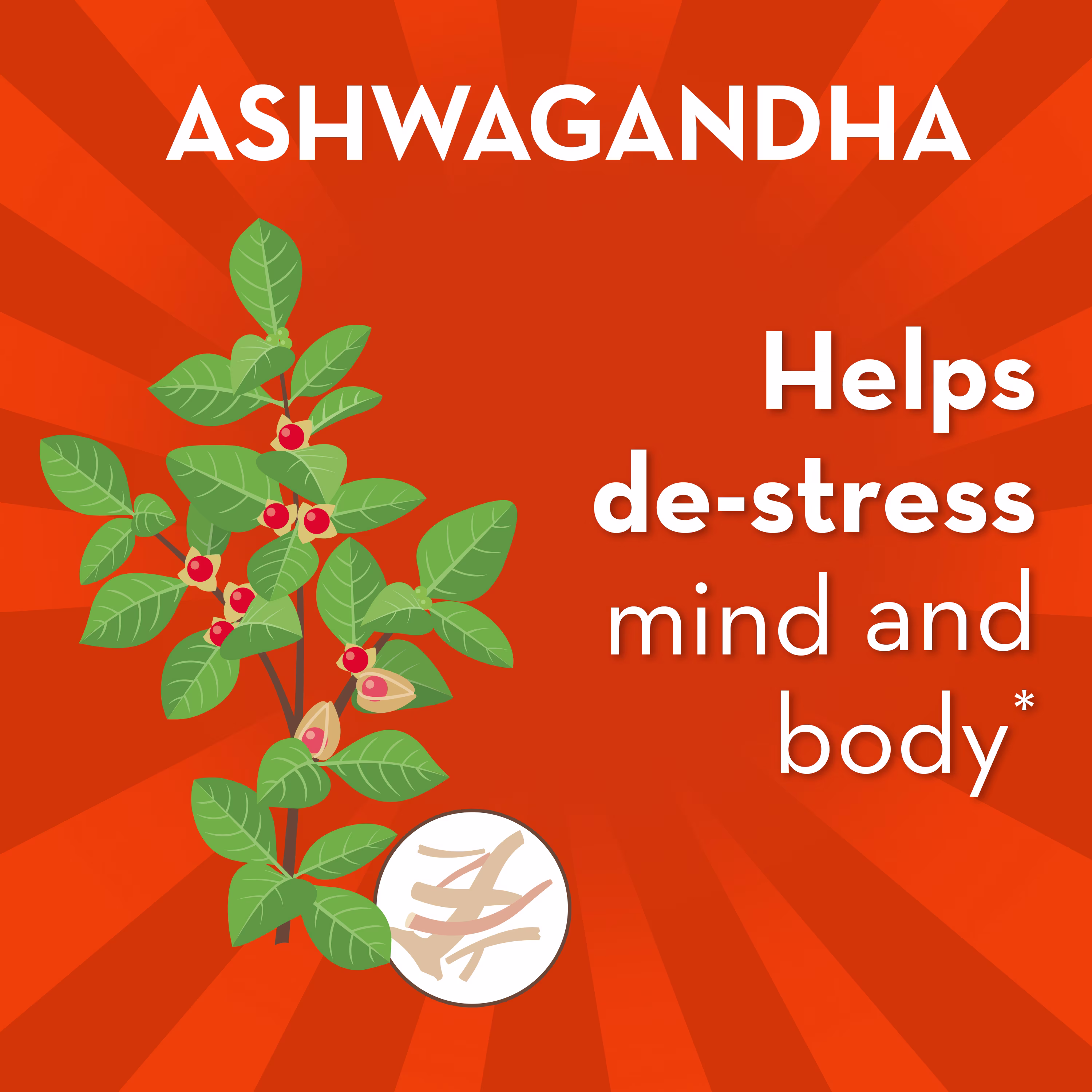 "Ashwagandha helps de-stress mind and body" text with an illustration of Ashwagandha plant.