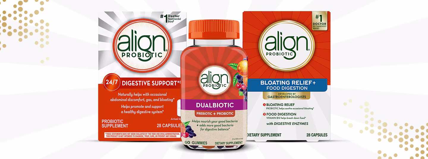 Align Probiotic 24/7 Digestive Support, Dual Biotic and Bloating Relief + Food Digestion packages.
