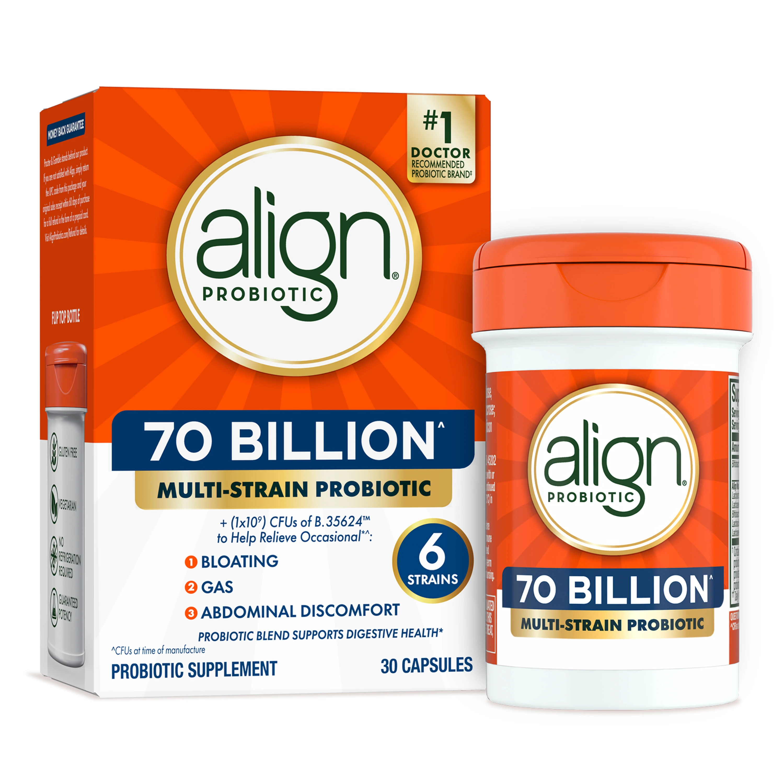 Align Probiotic supplement box and bottle, 70 billion CFUs, multi-strain formula for digestive health, 30 capsules.