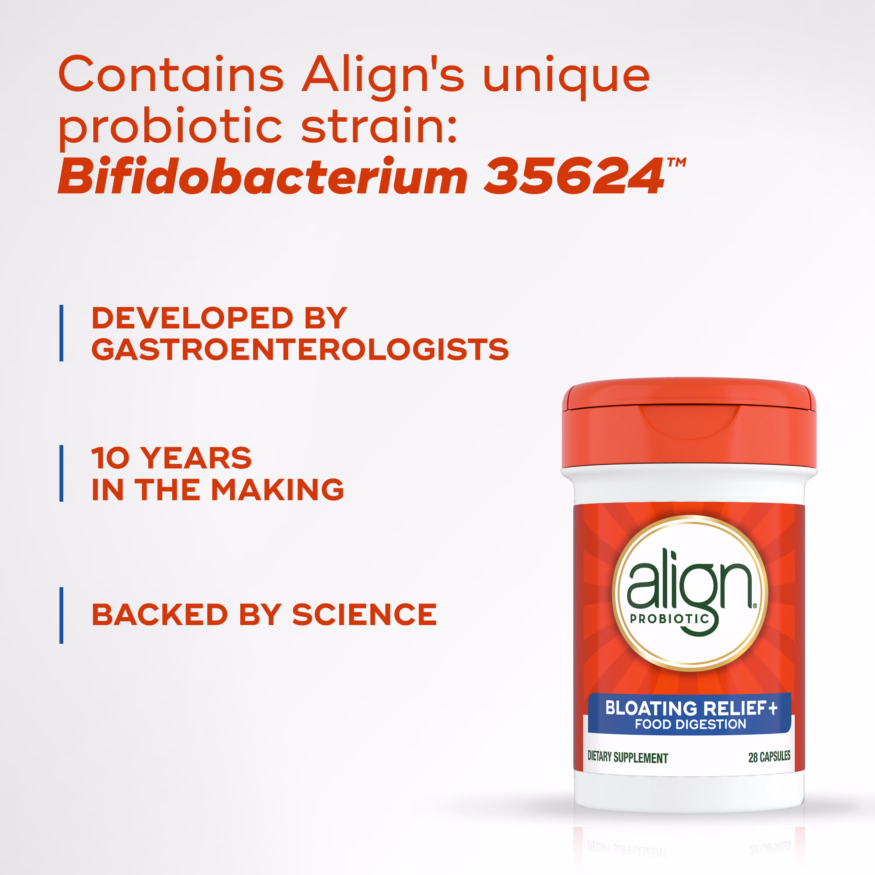 Orange Align probiotic supplement bottle with text highlighting its unique Bifidobacterium 35624 strain and digestive benefits.